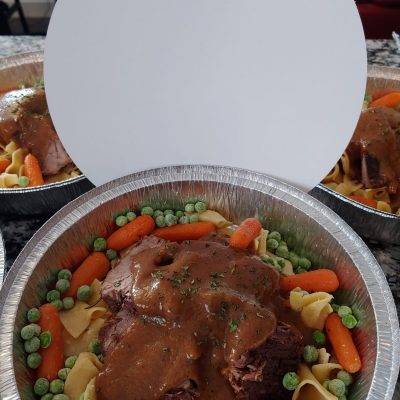 Red Wine Pot Roast over Buttered Egg Noodles and Peas & Carrots