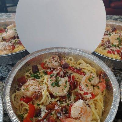 Shrimp Carbonara Spaghetti with Kalamata Olives and Roasted Red Peppers