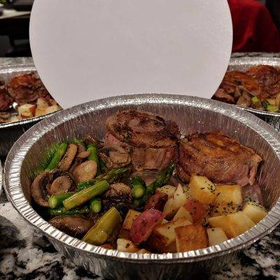 Italian Stuffed Flank Steak with Salt & Vinegar Potatoes and Sautéed Mushrooms & Asparagus