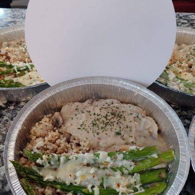 Chicken Marsala with Parmesan Risotto and Cheesy Asparagus