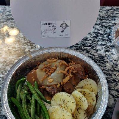 French Onion Pot Roast with Sliced Thyme, Boiled Potatoes, and Green Beans