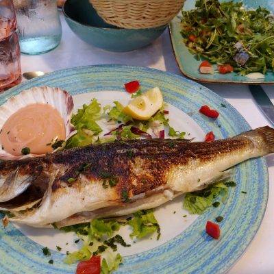 Grilled Sea Bass and arugula salad. Yes please!
